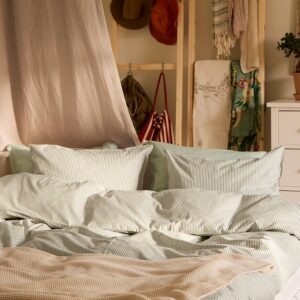 Пододеяльник и наволочка IKEA SOLFIBBLA, белый зеленый / полосатый, 150x200 / 50x60 см