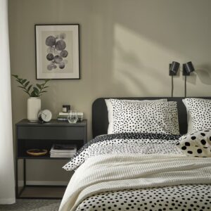 Пододеяльник и наволочка IKEA BJORKGRAMAL , черный белый / в горошек, 150x200 / 50x60 см